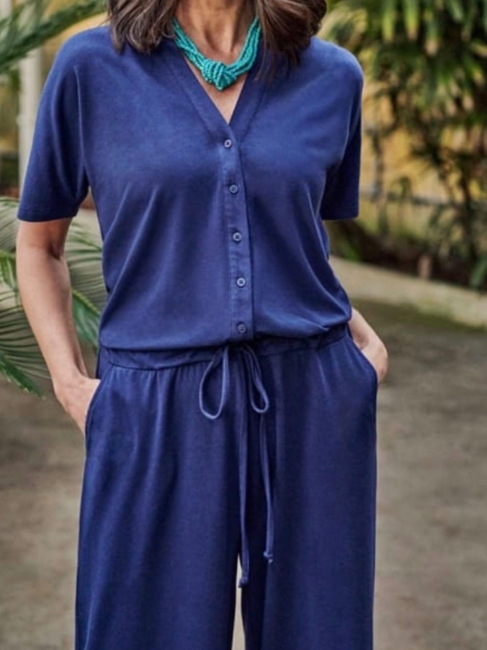 WoolOvers Jumpsuit French Navy Button-through Wide-Leg Romper Travel Lounge L